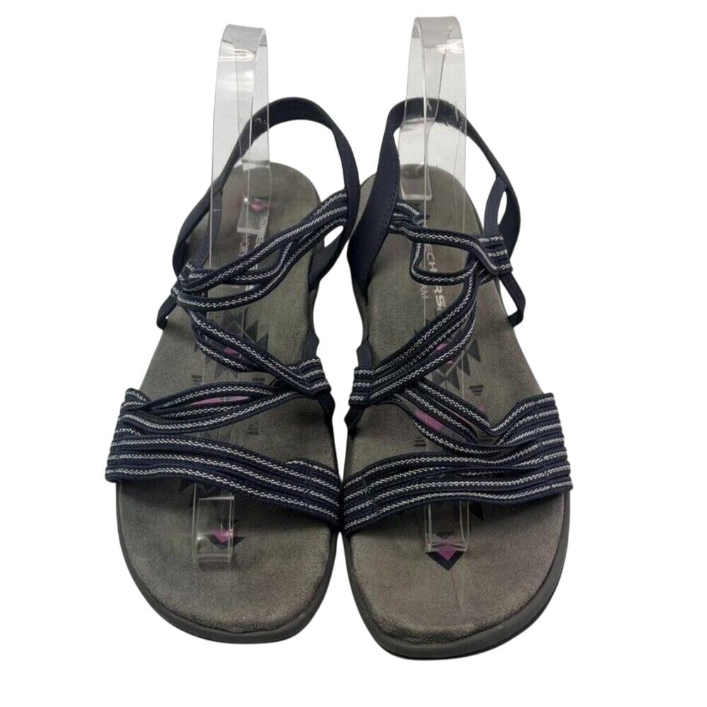 Skechers Sandals Womens 8 Slingback Blue Striped Strappy Stretch Reggae Slim